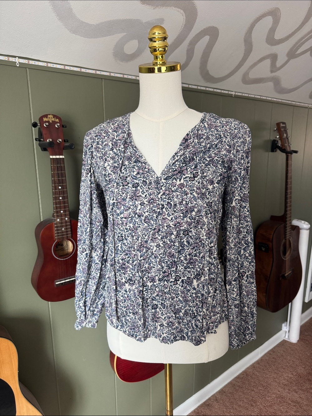 Blue and Purple Floral Balloon-Sleeve Boho Top